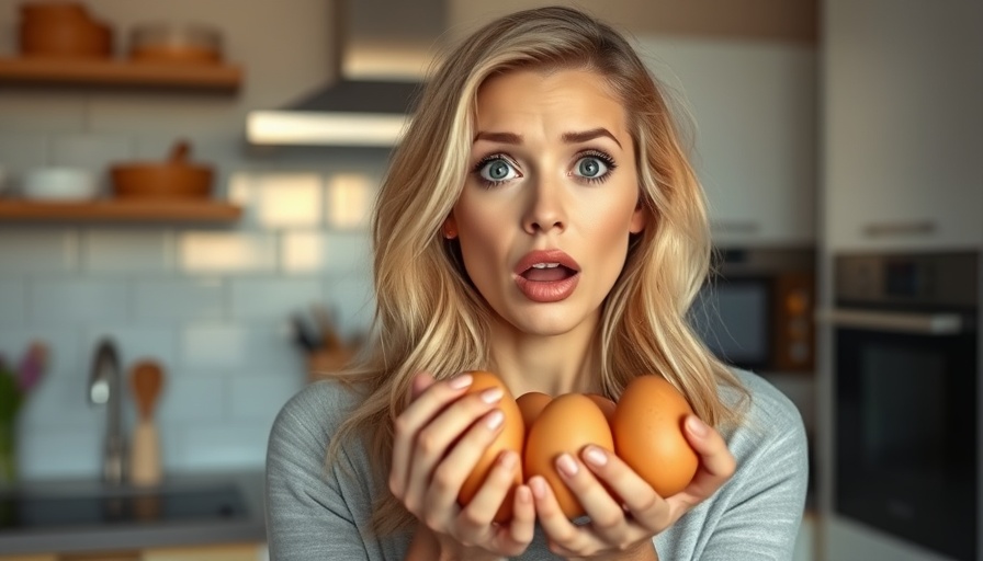 Surprised woman with eggs in kitchen, healthy living concept.