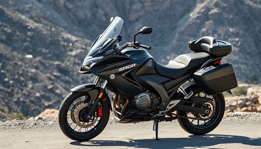 Black touring motorcycle in mountainous landscape, alternative to Honda Gold Wing.