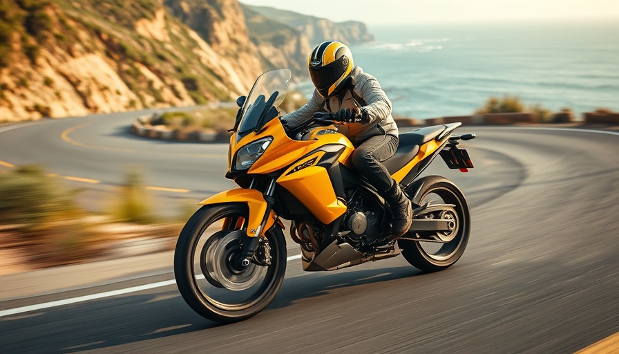 Rider on a yellow adventure bike taking a curve on a seaside road.