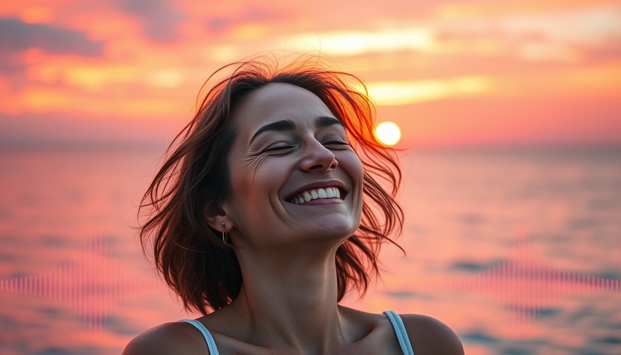 Mindfulness meditation podcast cover with smiling woman and sunset.