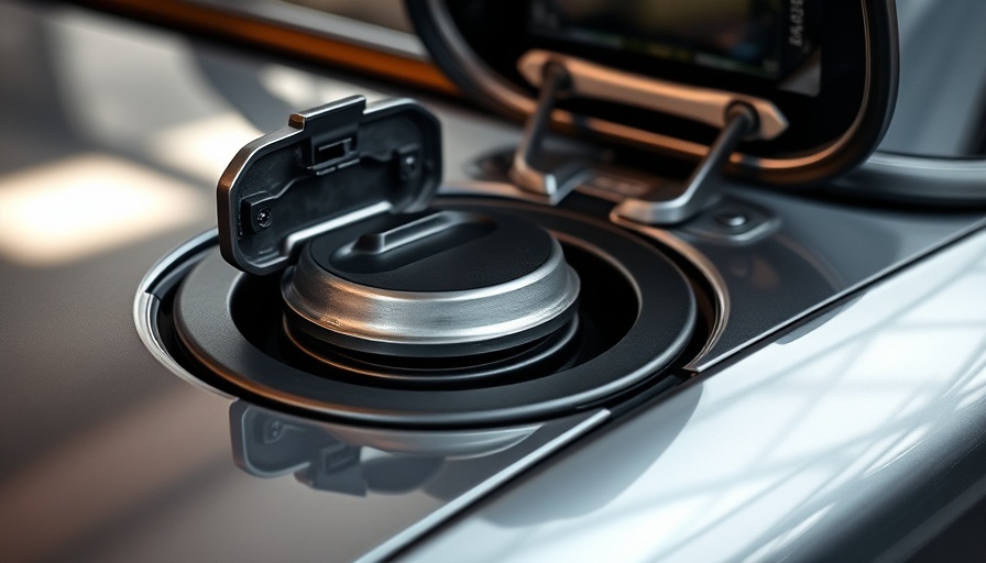 Car's gas cap open on metallic side, reflective surface.
