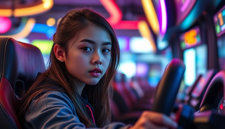 Can games help you learn driving: woman engaged in arcade racing game.