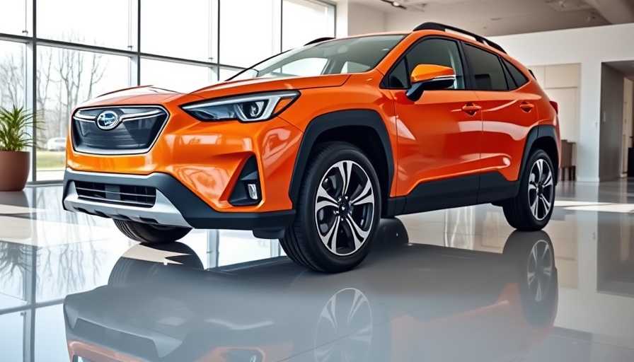 2026 Subaru Uncharted EV front-wheel drive, sleek orange exterior in showroom.