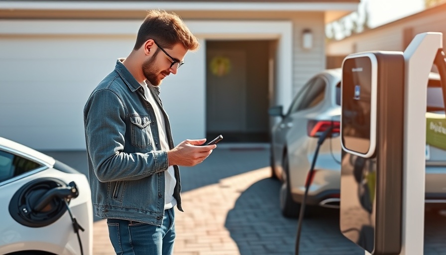 Man charging electric car while using smartphone, sunny day.