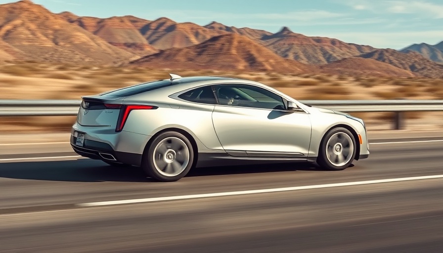 Sleek Cadillac ELR plug-in hybrid driving on a desert highway.