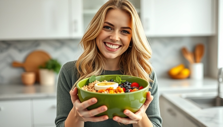 Blonde woman with a green bowl showcasing high-protein breakfast hacks.