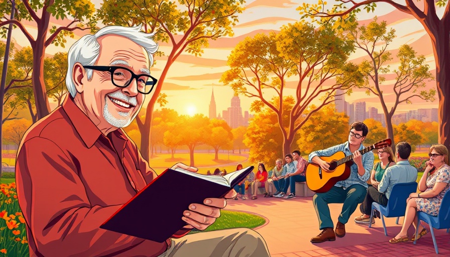 Elderly man writing during a lively park self-care routine.
