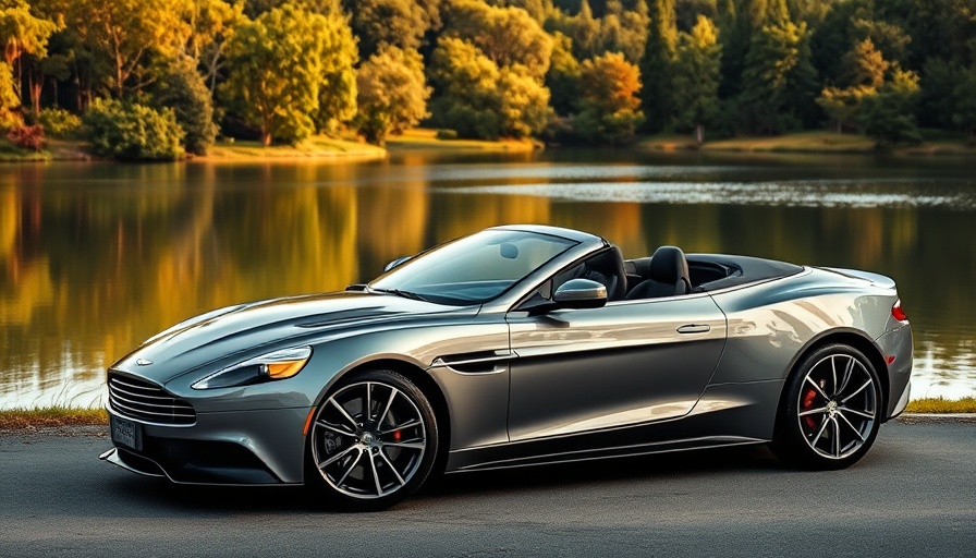 Aston Martin Vanquish Volante parked by a scenic lake.