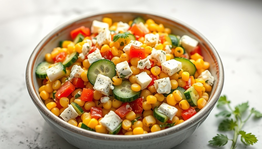 Colorful Mediterranean corn salad with cucumbers and feta cheese.