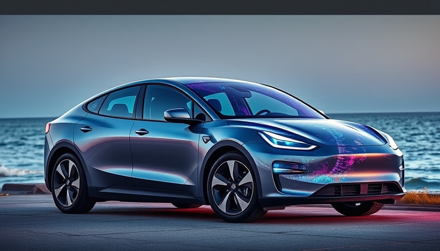 Discontinued electric vehicle by ocean with futuristic overlay.