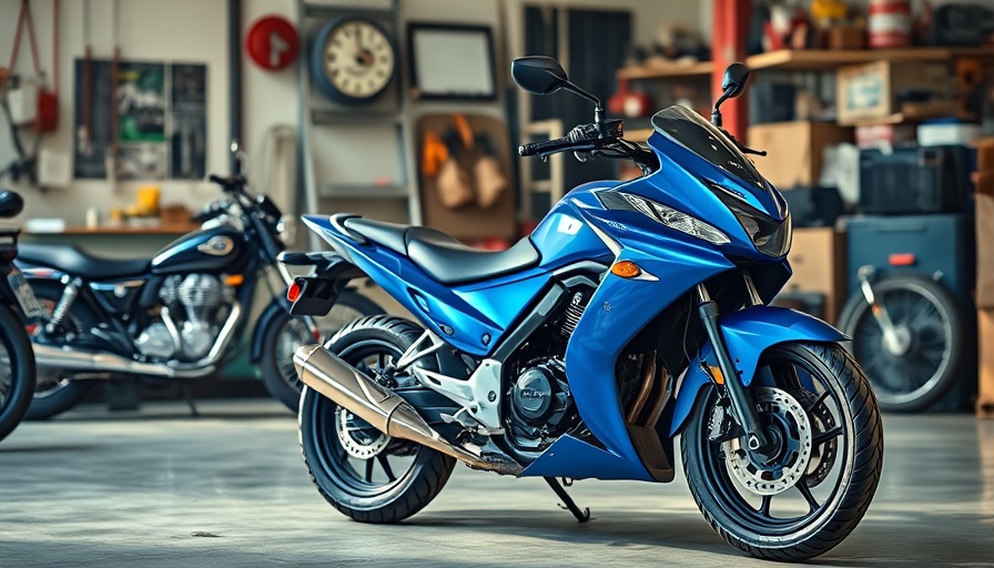 Sleek Japanese cruiser motorcycle in bustling garage.