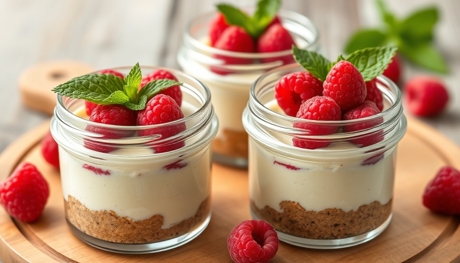 High protein cheesecake jars topped with raspberries and mint.