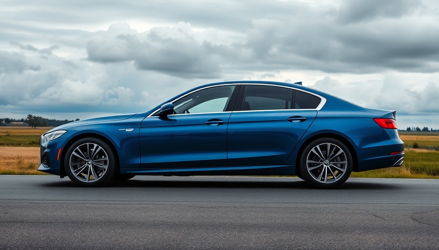 Modern blue sedan parked on asphalt under cloudy sky, EU tariff deal automotive industry
