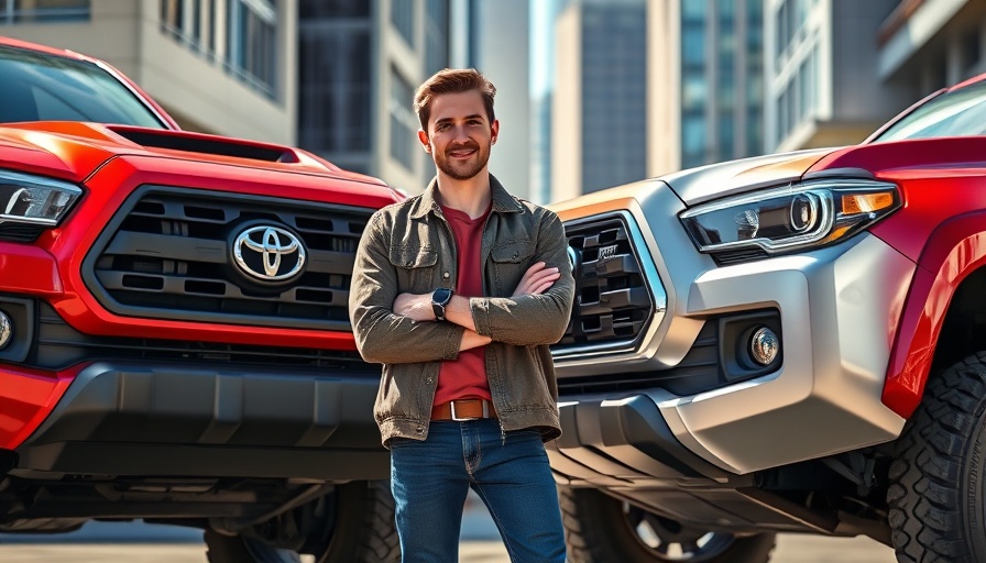 Off-road Tacoma comparison with man and two trucks in urban setting