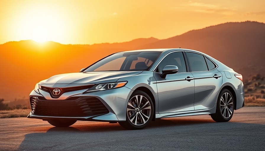 Sleek 2025 Toyota Camry parked at sunset with scenic mountain view.
