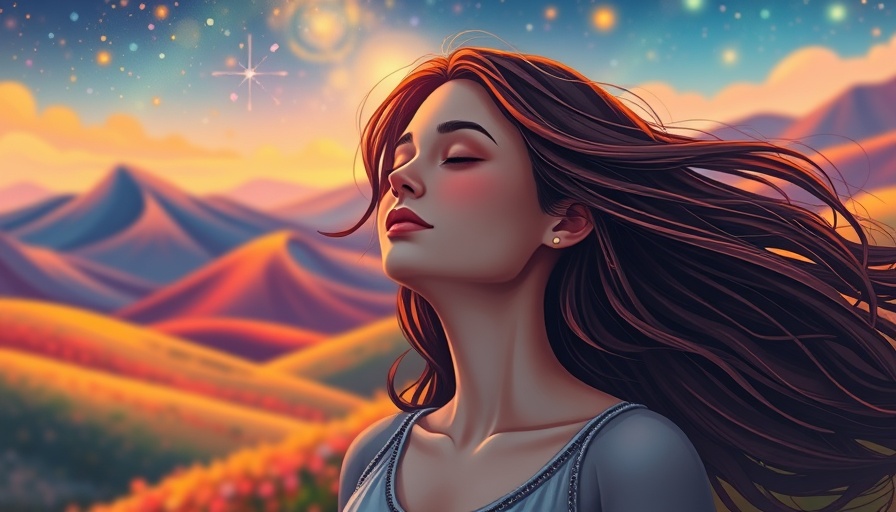 Serene woman in a colorful landscape for self-care routine.