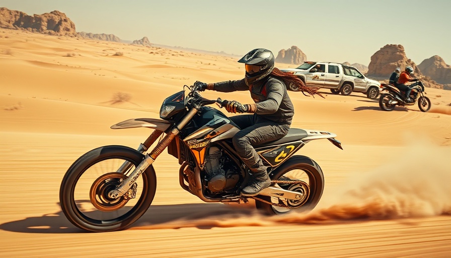 Do-it-all motorcycle racing through desert terrain, dynamic and adventurous.