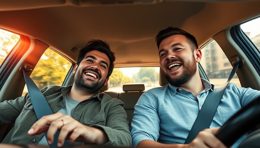 Ferrari Montial review features two men laughing inside a car ride.