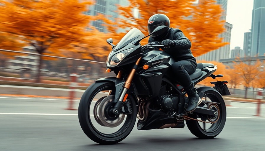 American touring motorcycles urban ride through autumn cityscape.
