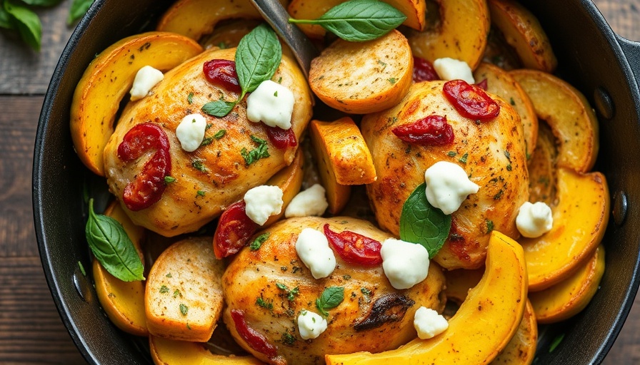 Tasty Summer Squash Chicken Skillet with herbs and cheese.