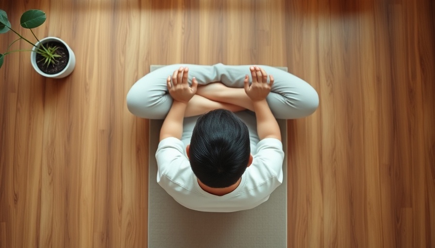 Overhead view of a person practicing mindfulness meditation with a plant nearby.