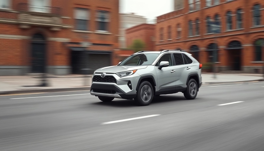 Silver Toyota RAV4 Hybrid driving in city street motion blur.