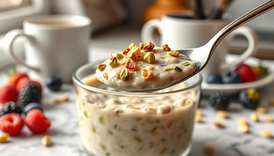 Pistachio overnight oats served with a spoon in a cozy kitchen.
