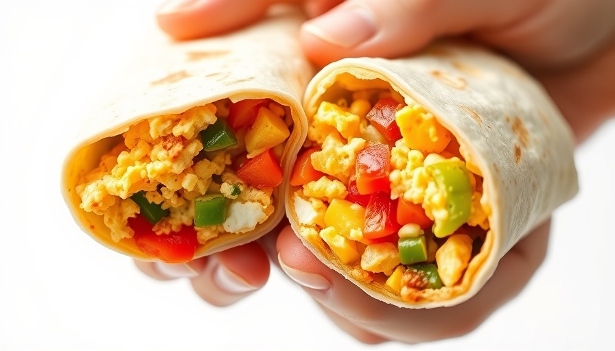 High protein snacks: breakfast burrito with eggs and veggies.