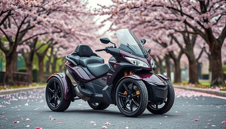 Modern three-wheeled motorcycle in cherry blossom setting, best cars 2024.