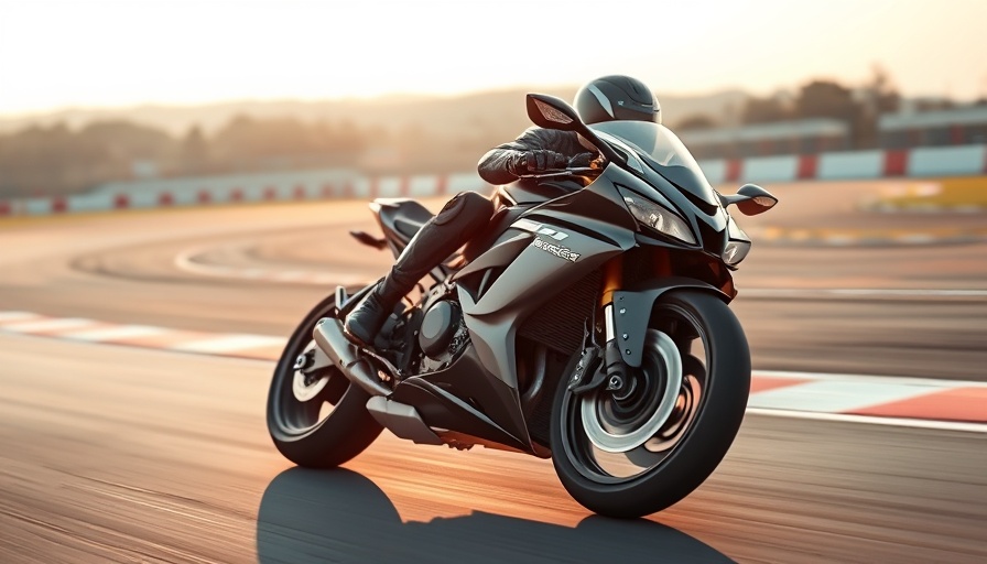 Sleek sports bike with killer looks speeding on a racetrack.