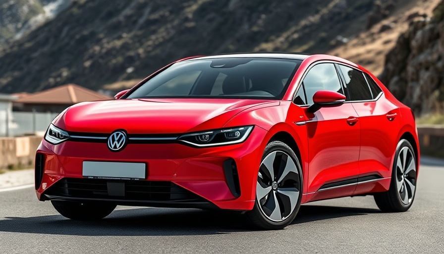 Volkswagen ID.4 in red near mountains, posing challenge to Tesla.