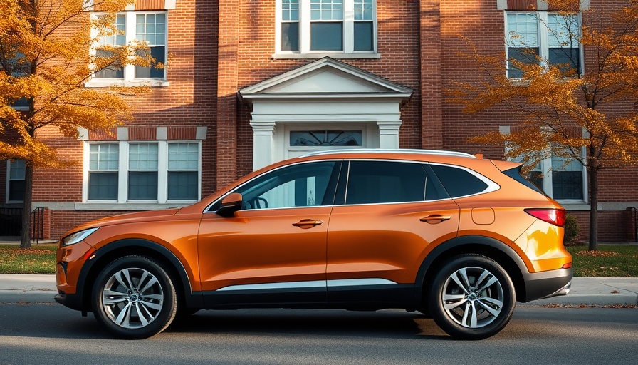 Orange SUV at a historic school in autumn for back-to-school cars auction.