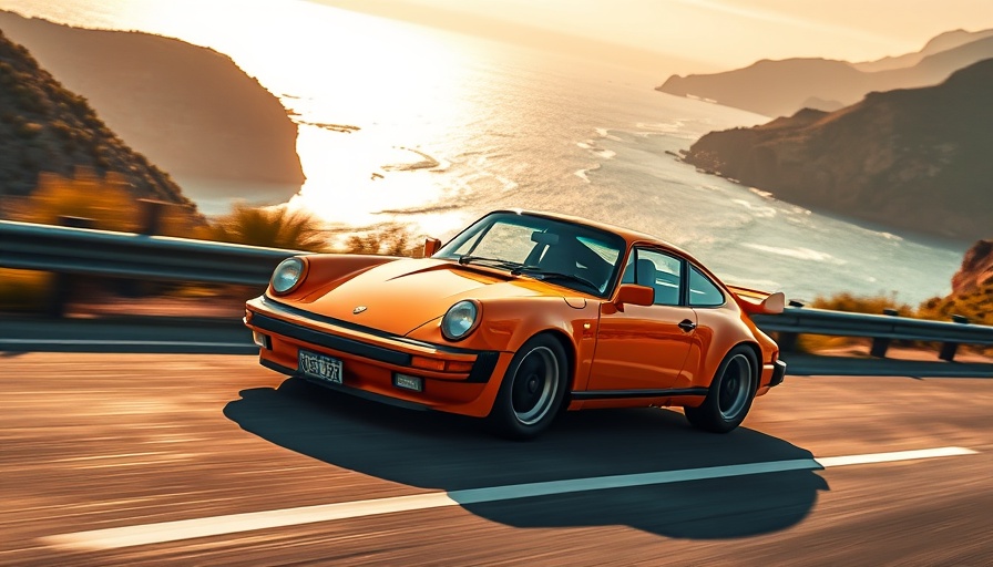 Electric Porsche 993 cruising on scenic coastal highway.