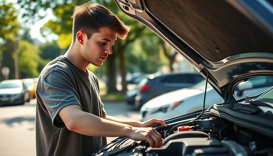 Young man inspecting car engine on a suburban street.
