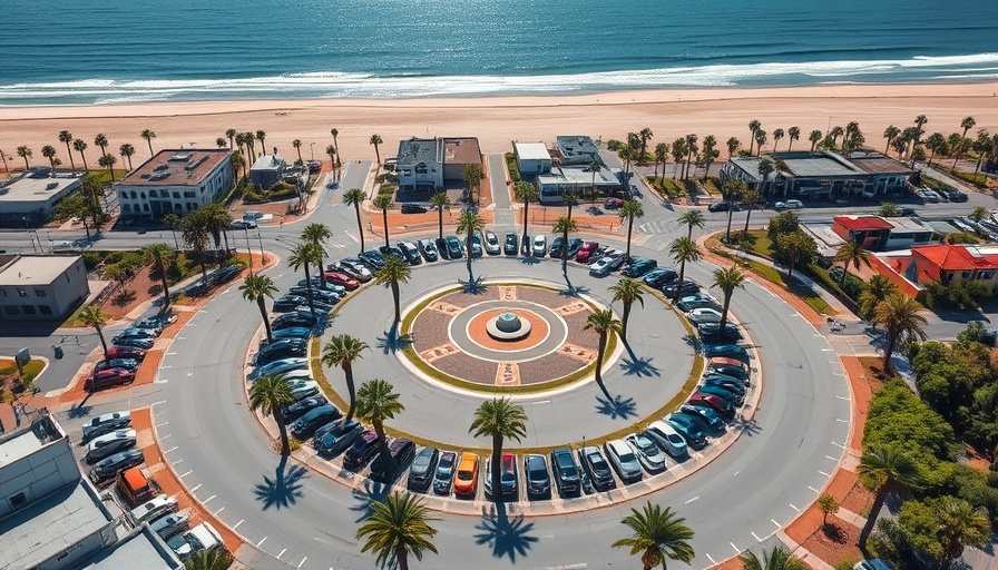 Coastal roundabout scene viewed from above with parked cars and beach, highlighting the automotive industry.
