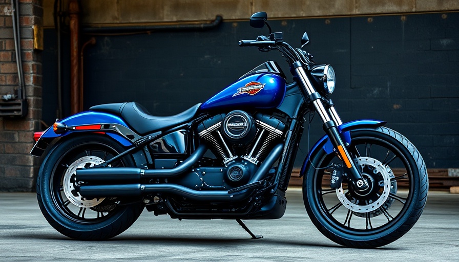 Sleek blue Harley-Davidson cruiser motorcycle in an urban setting.