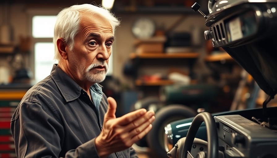 Experienced man demonstrating how to maintain a car in a garage.