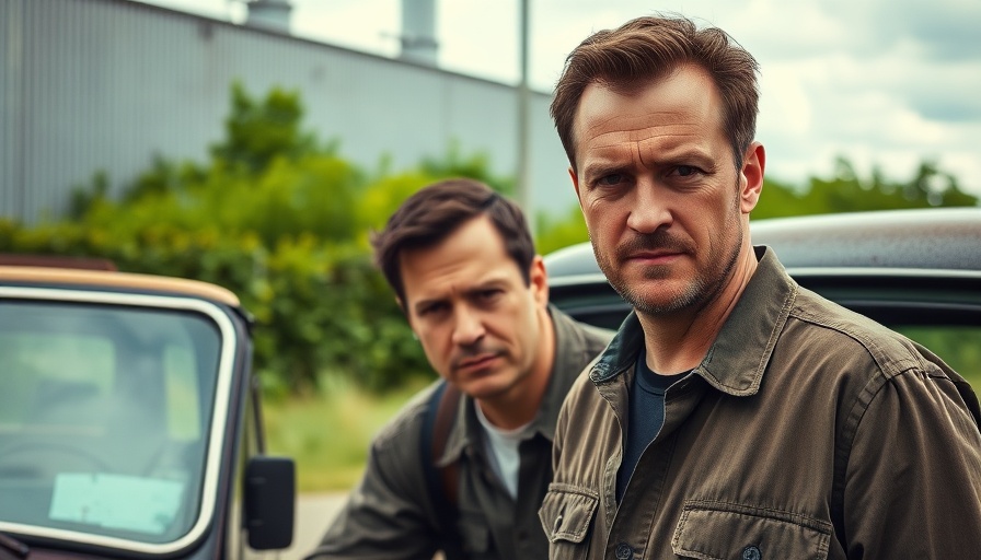 Two men outdoors near a vehicle, onX Offroad navigation app context.