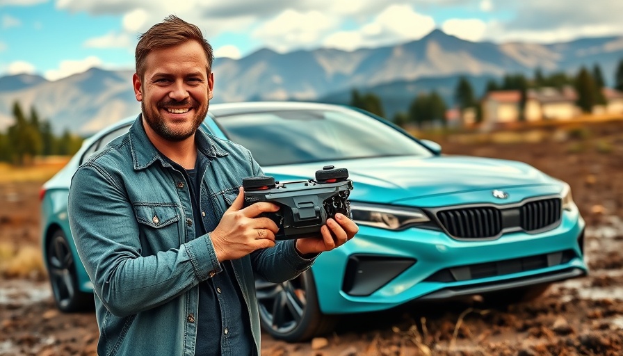 Man with car part beside teal car in a muddy field, crossing America without roads.