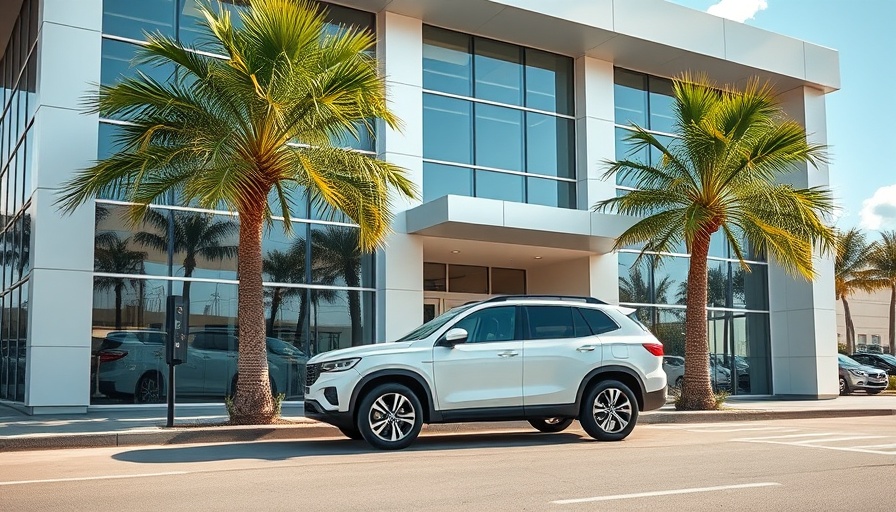 Modern car dealership with a white SUV, seven year car loans concept.