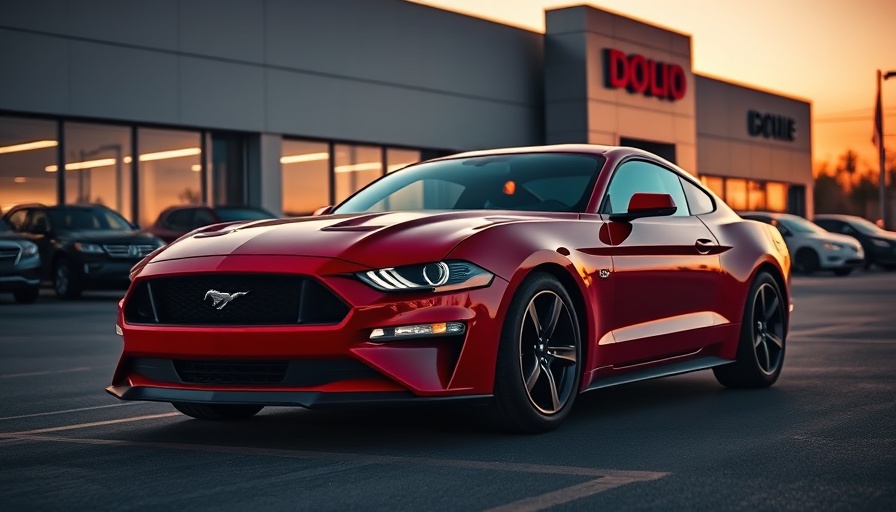 Red Ford Mustang parked at sunset reflecting warm glow.