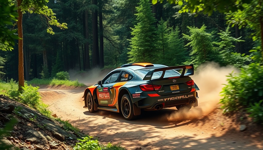 Rally car on back roads America adventure in lush forest.