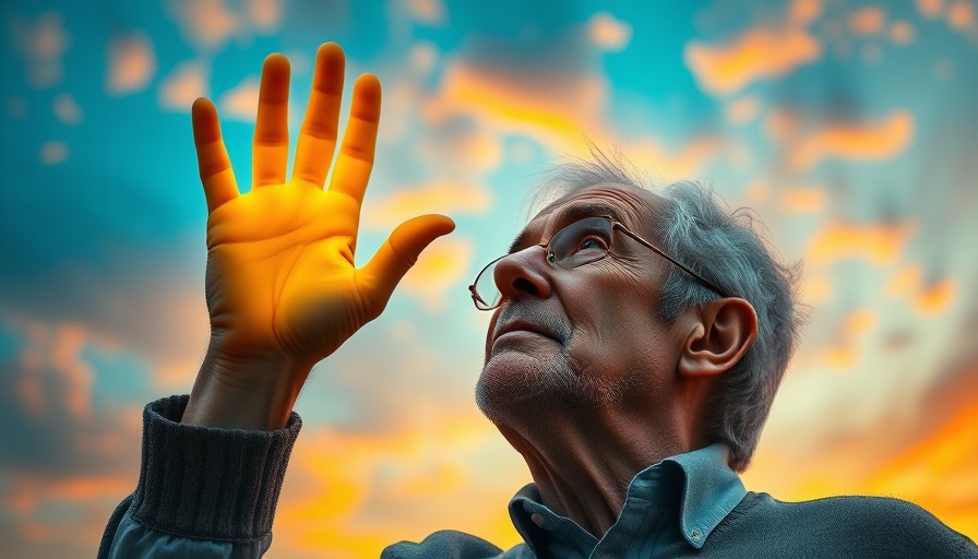 Elderly man practicing self-care for anxiety with serene dreamscape