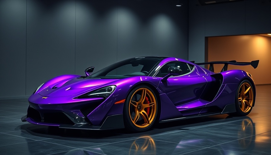 RML GT Hypercar in a dimly lit showroom with purple body and golden wheels.