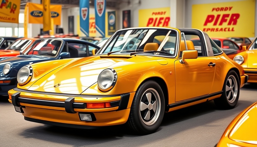 Classic gold Porsche 911 Targa at car exhibition, bright setting.