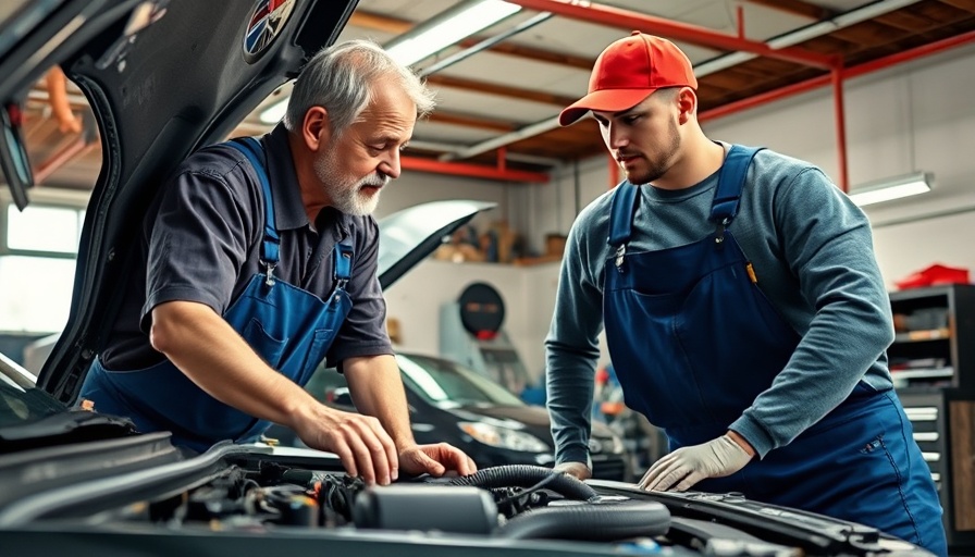 Mechanics discussing repair options in a garage with open car hood