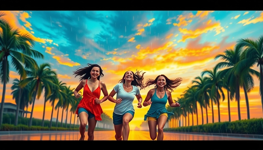 Three people joyfully running in rain, embracing self-care routine.
