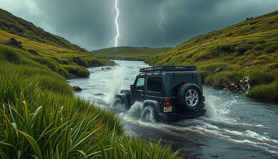 Rugged car driving through river in lush landscape, Crossing America without highways.