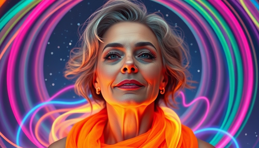 Middle-aged woman embraced by rainbow colors, symbolizing coming out at 50.