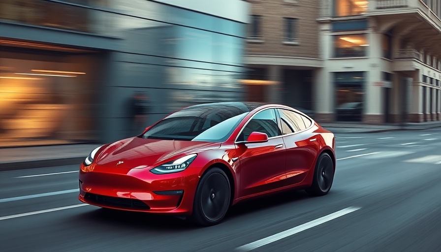 Red Tesla Model Y showcasing performance upgrades on city street.